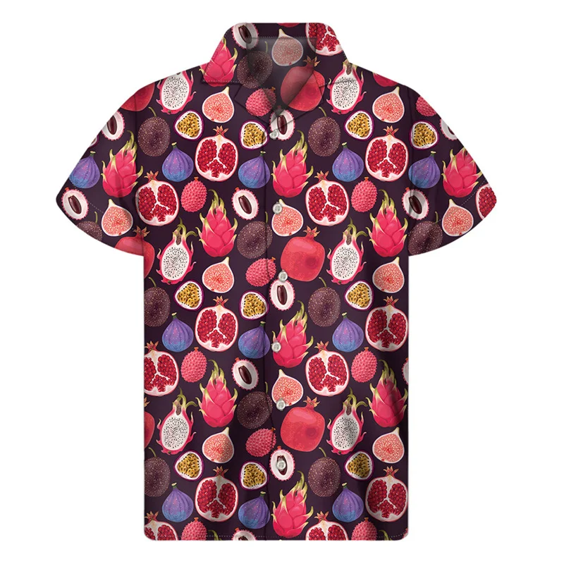 thumbnail image 1 of Camisa con estampado 3D de cerezas, manzanas y fresas para hombre, camisas hawaianas de verano con botones, manga corta, solapas sueltas, blusa hawaiana, 1 of 5