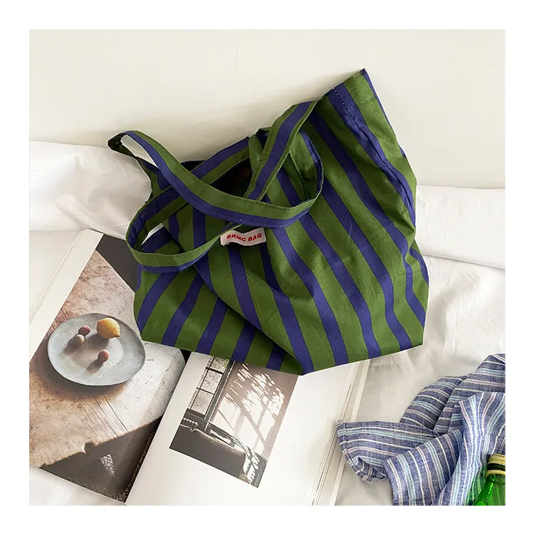 Original Design French Retro Grün gestreifte, vielseitige Umhängetasche, große Kapazitätstasche, Canvas-Tasche, Damentasche, Tragetaschen für Damen – Detail 18