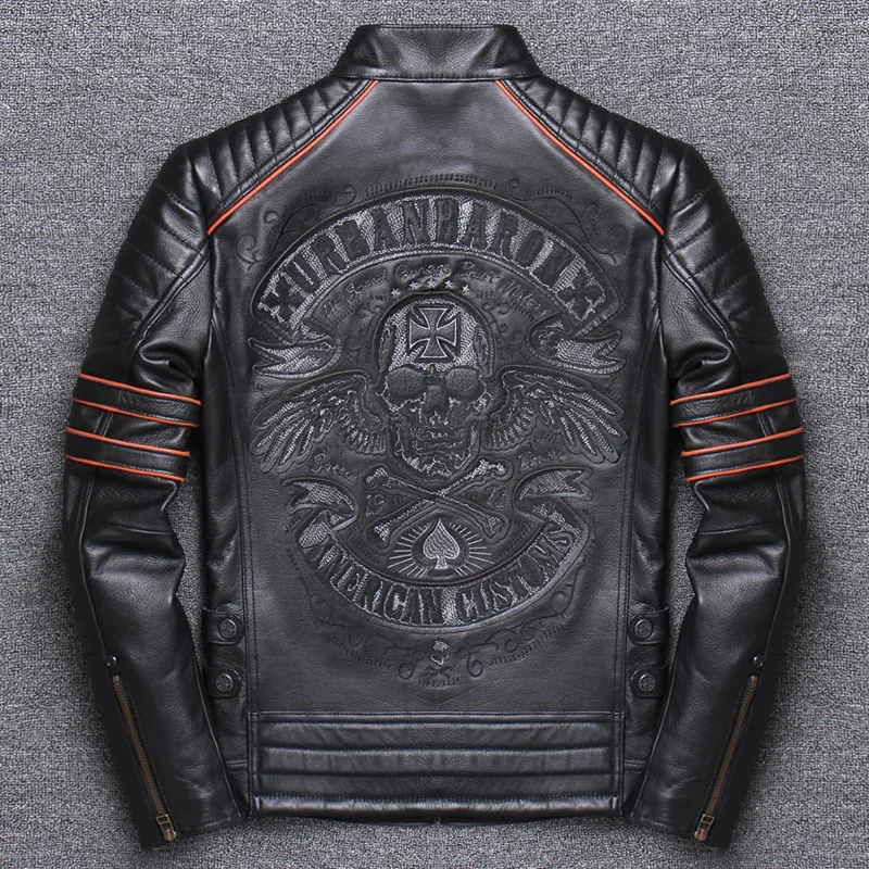 

DHL Free Shipping Men's Black Skull Genuine Leather Jackets Man Cow Jacket Biker Spring autumn Coat