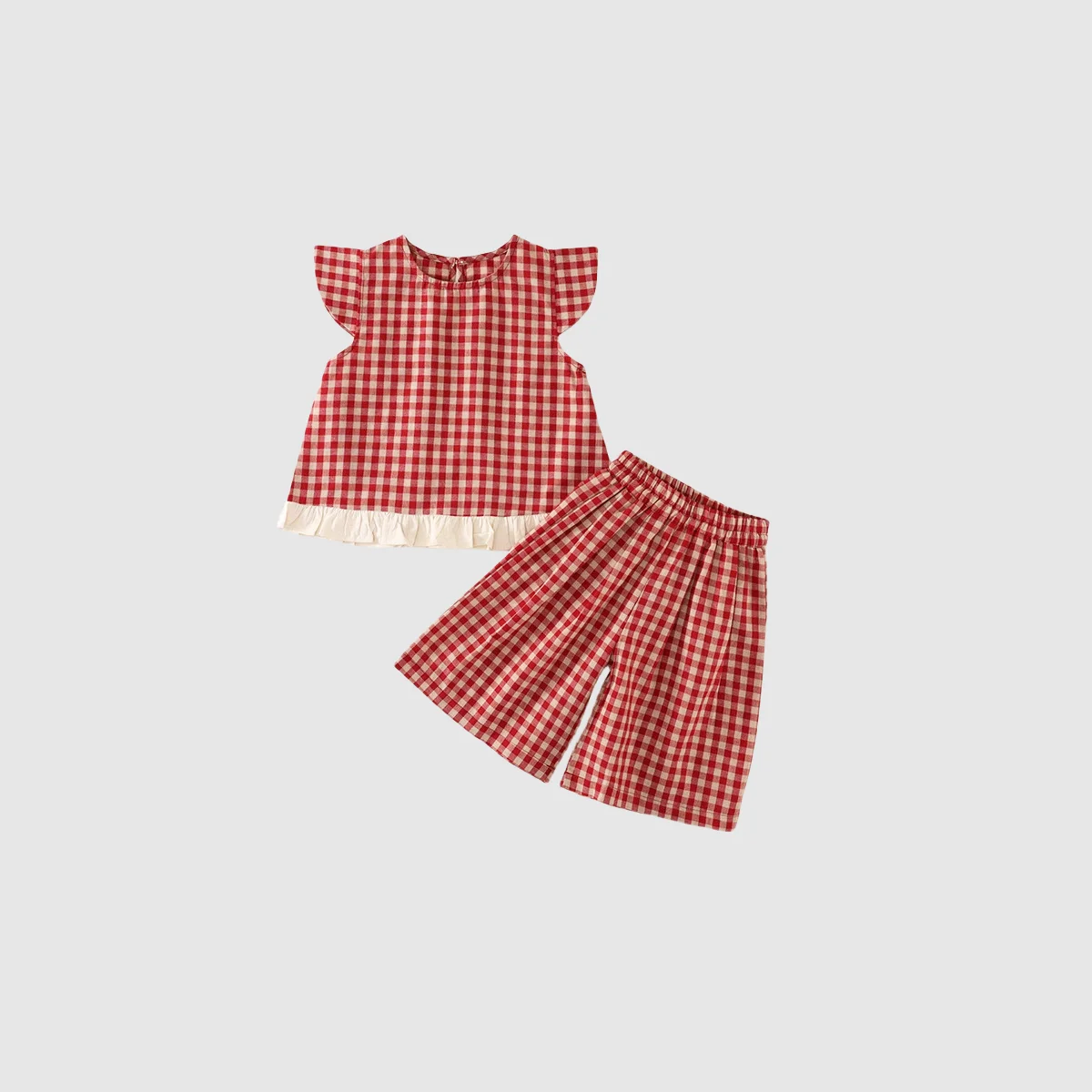 2025, Sommer-Outfit-Set für Mädchen, rotes Gingham-Outfit-Set, Oberteil mit Flatterärmeln und Spitzenbesatz und Hose im koreanischen Stil mit weitem Bein