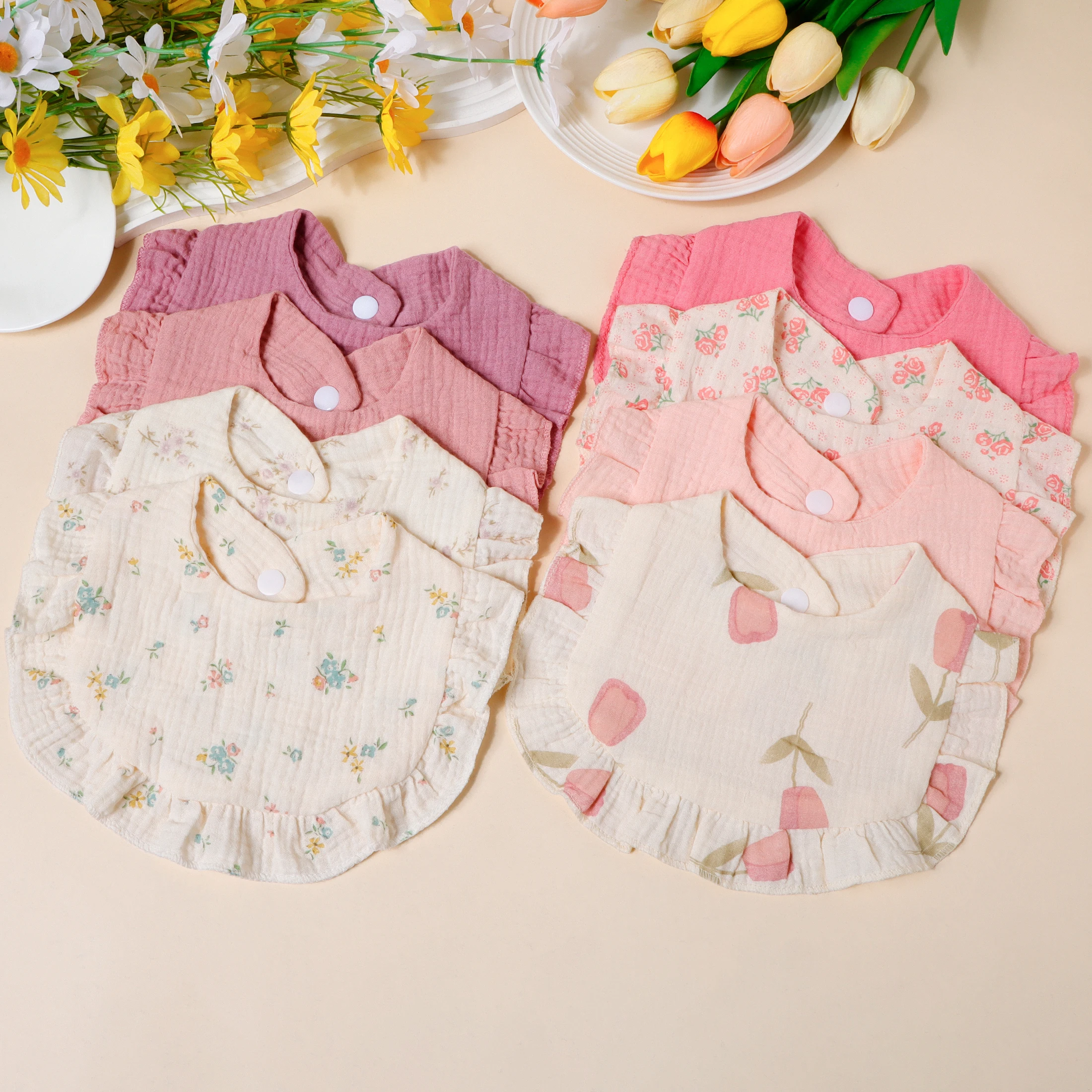 4개/세트 아동 턱받이 세트 면 모슬린 용  편안한 침받이 물방울 모양 타월 단색 버튼형 키즈 턱받이