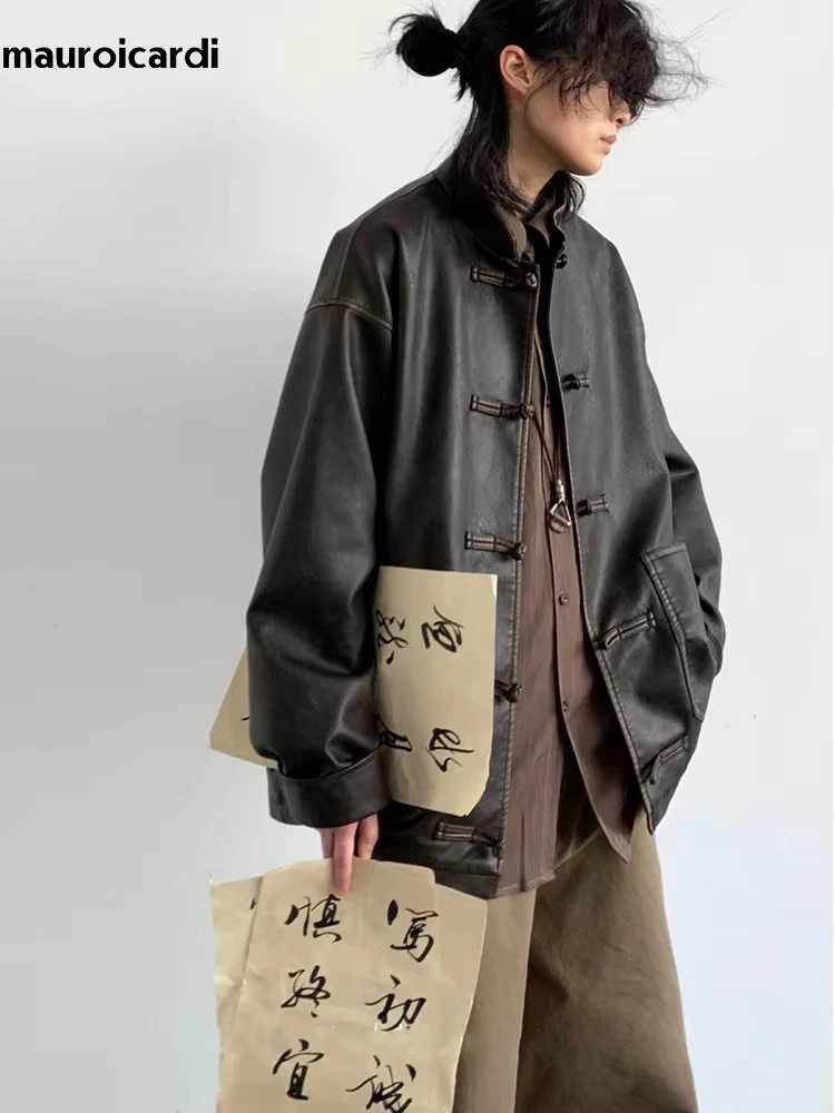 Mauroicardi Spring Cool Oversized Vintage Distressed Pu Leather Jacket Men Elegant Luxury Designer Chinese Style Clothes