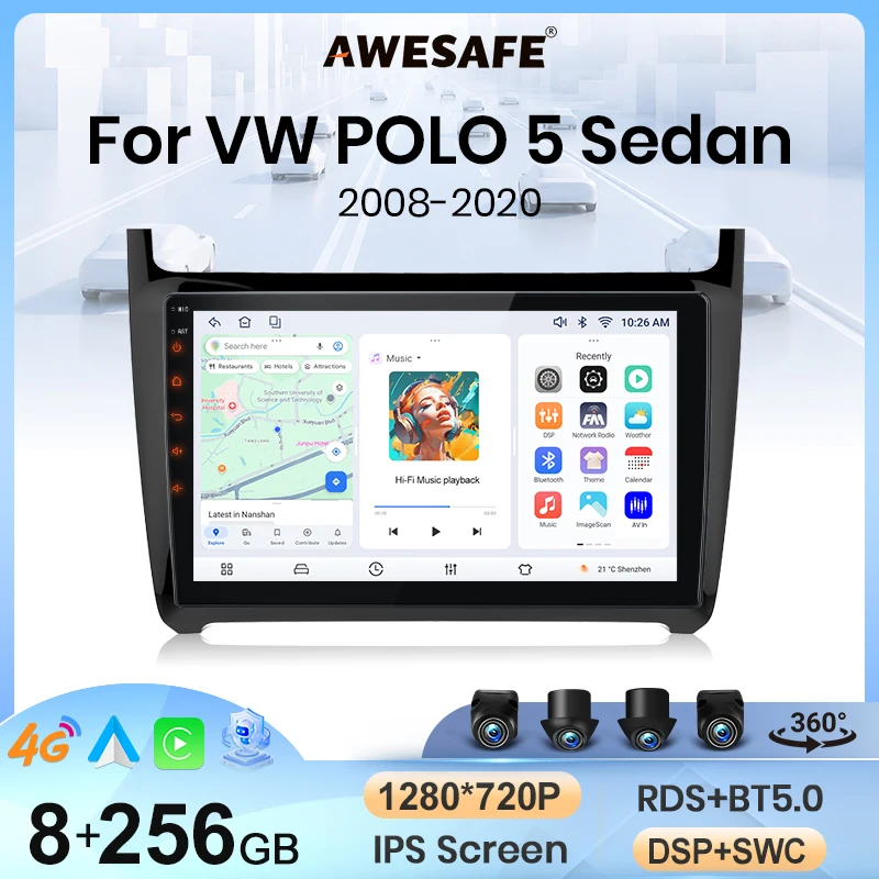ESSGOO 4+64GB 9" 2 DIN do VW Polo 6R 6C 2009–2017 Radio Samochodowe Android 14 Bezprzewodowy Carplay Android Auto GPS FM WiFi BT Sterowanie z Kierownicy RDS Mirror Link Ekran Dotykowy Odtwarzacz Multimedialny