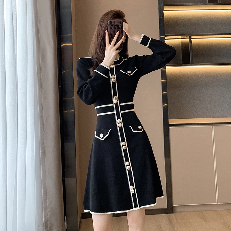 

New 2023 Autumn Winter O Neck Knitted Sweater Dress Chic Fashion Women Metal Button Deco Elastic Ladies Slim Vestidos