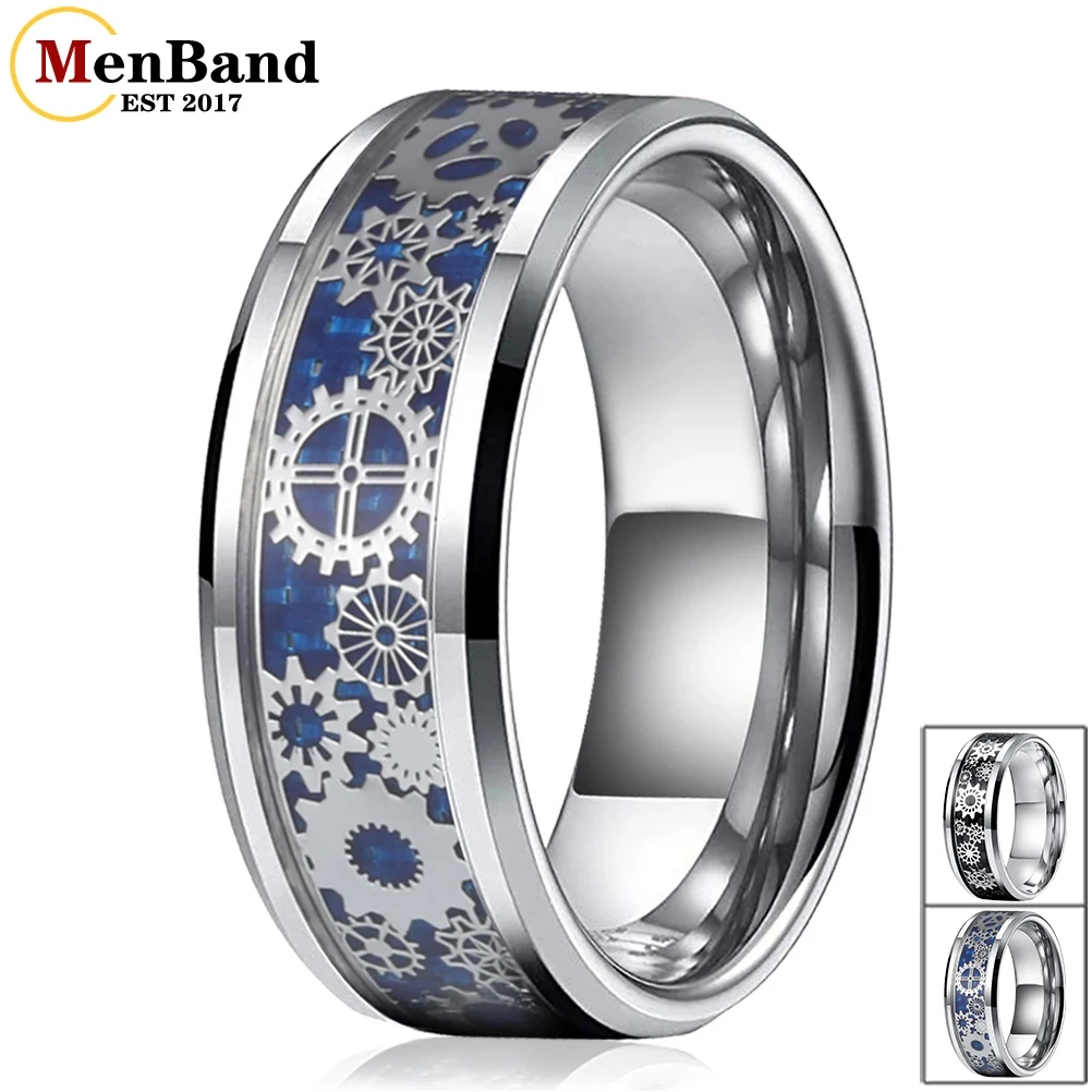 

Men Women Wedding Band Tungsten Carbide Ring With Mechanical Gear Wheel And Carbon Fiber Inlay 6MM 8MM Comfort Fit