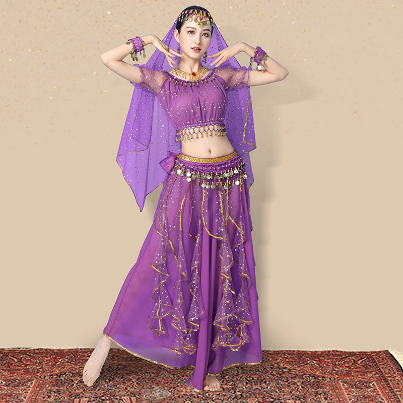 

New Sexy Women India Belly Dance Costumes Set Sari Outfit Bollywood Egypt Belly Dance Stage Performance Chiffon Sequin Top Skirt