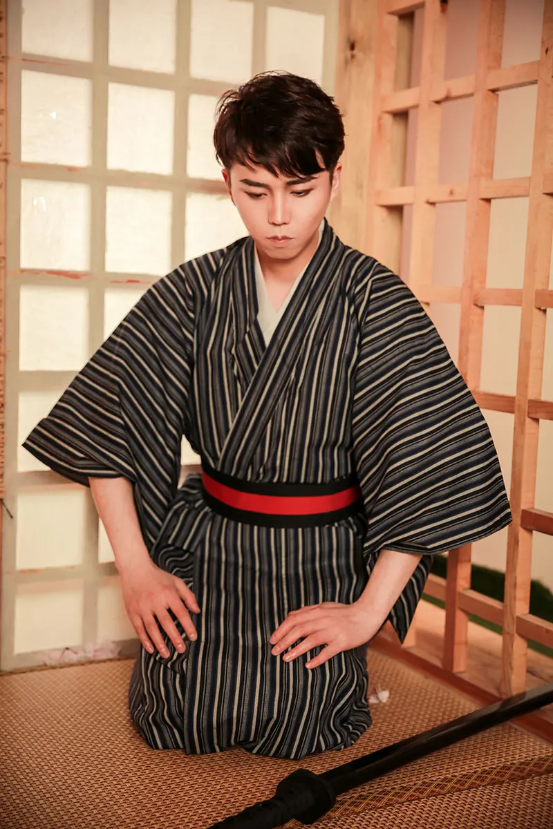 Men's Japanese Kimono Samurai Dress Cotton Kendo Black Along The Stripe Traditional Summer Festival Feworks Cloth