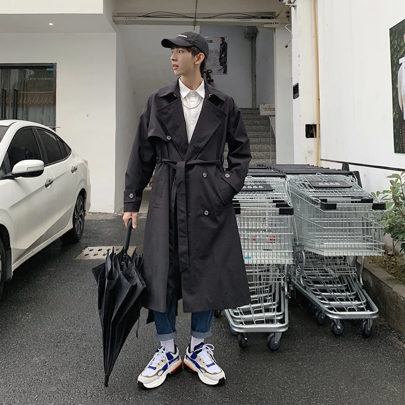 Men Khaki Trench Double Breasted Belt Long Windbreaker Male Handsome Autumn Winter Thicken Overcoat England Style Punk Coats New