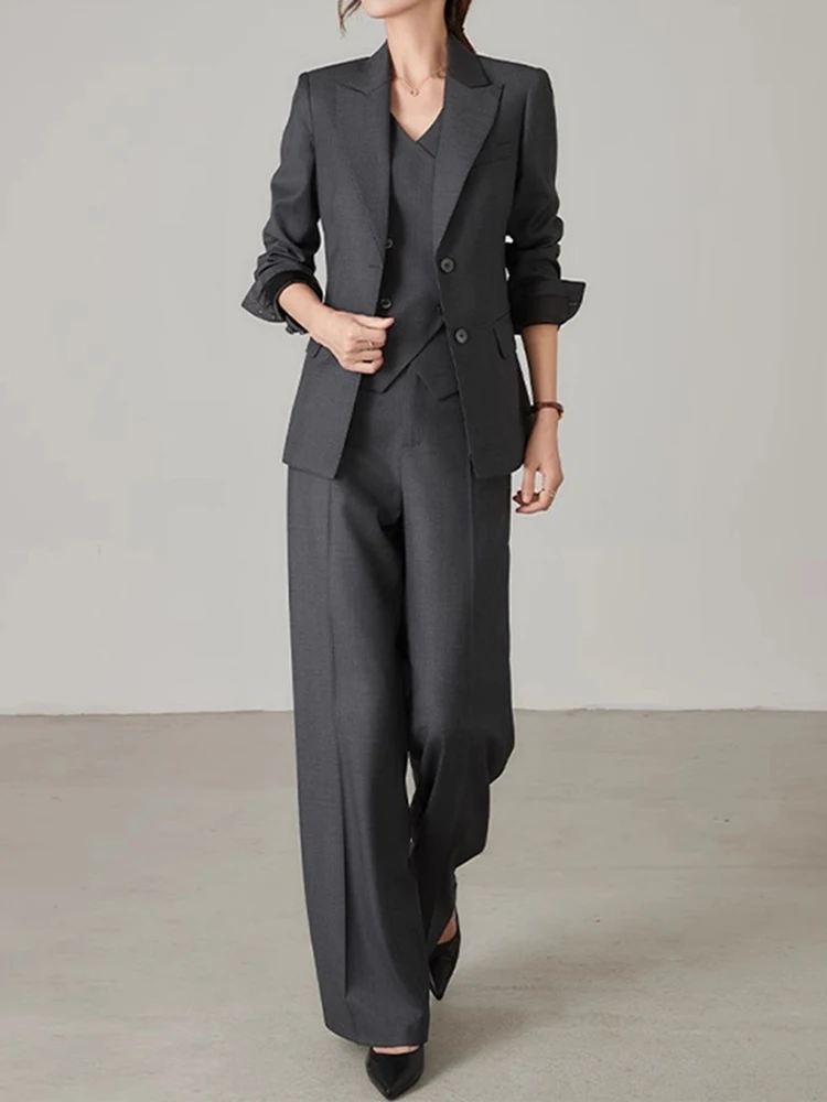 BVZW Elegant 3 Piece Set Women Gathered Waist Blazers Irregular Slim Vest High Waist Wide Leg Pants 2024 Spring Clothes 26D9017