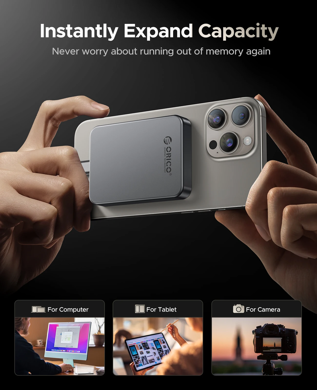 ORICO 마그네틱 휴대용 SSD 4K 120fps ProRes HDR 녹화 및 저장 장치 (아이폰 17, 15 Pro Max 호환) 최대 460MB/s 휴대용 솔리드 스테이트 드라이브