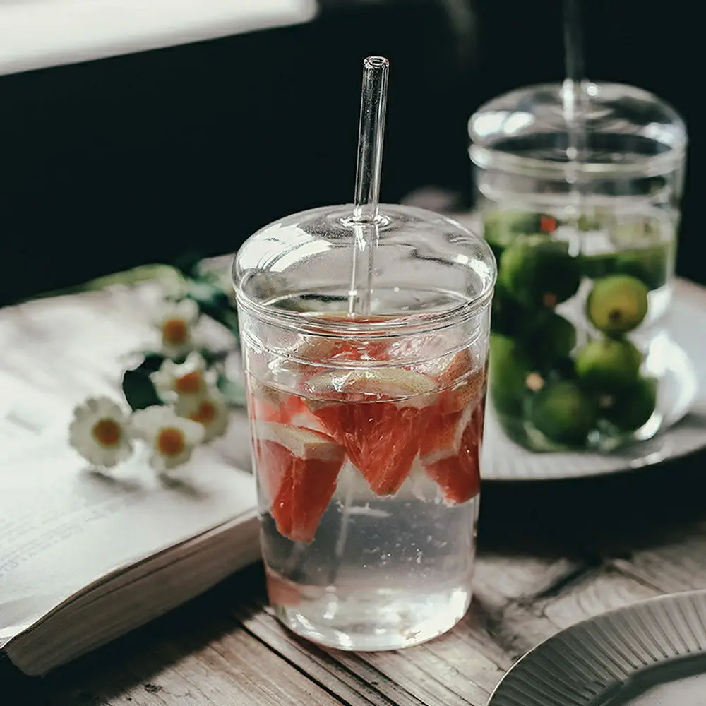 Drinks Glass Cup with Lid Straw Juice Coffee Milk Tea Beer Cup Can Shape  Glass Cup Clear Glass Tumbler Wide Mouth Glass Cup