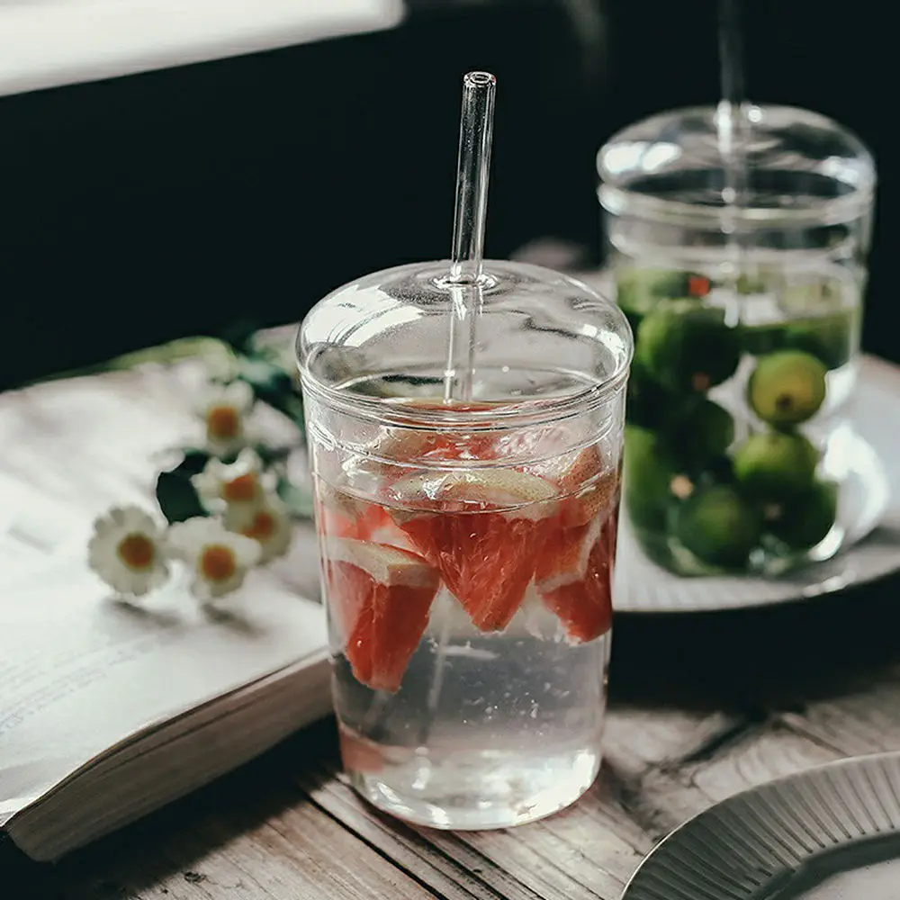 Transparent Can Shape Glass Cups With Glass Lid And Straw Ice Coffee Cup  Glass