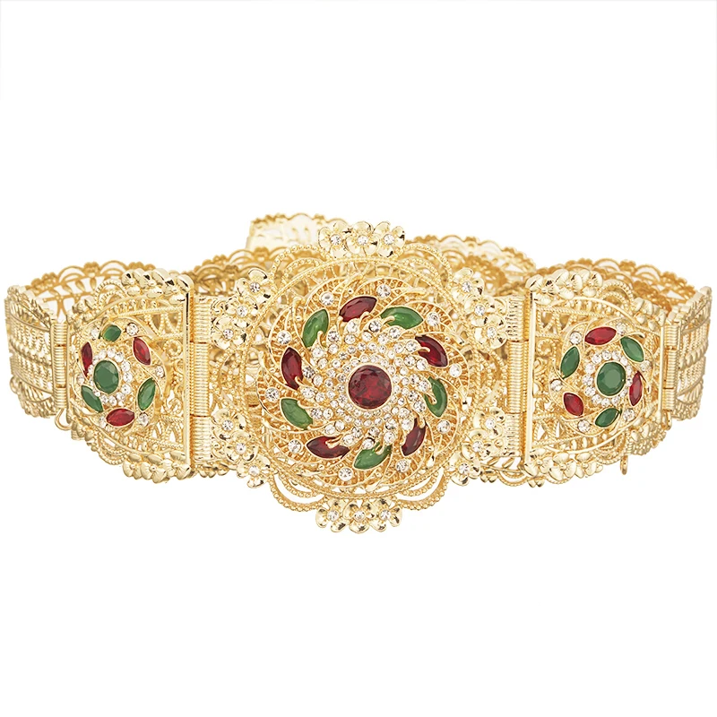 

French Bridal Waist Chain Moroccan Ladies Robe Belt Gold Color Red Color Green Color Stone Ethnic Wedding Dress Metal Body Chain