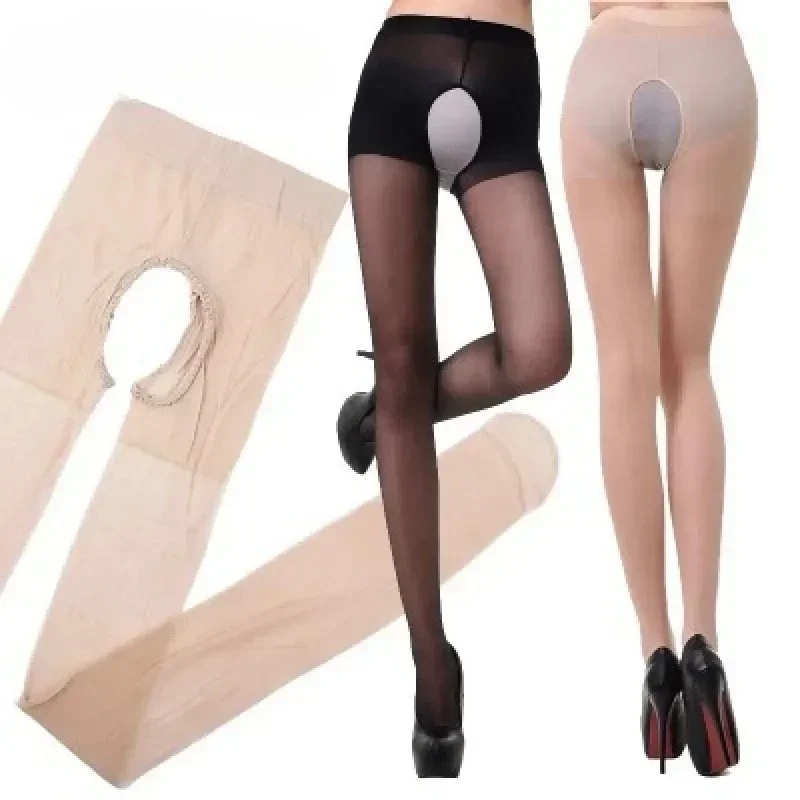 Sexy Woman High Waisted Open Crotch Pantyhose Transparent Multi-color Crotchless Stocking Tights Long Socks
