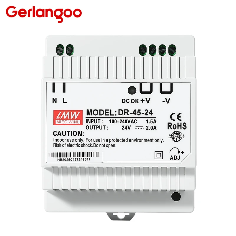 High-Efficiency Industrial DIN Rail Power Supply, 100-240VAC Input, Single Output: 5V/12V/24V, 15W-60W Range