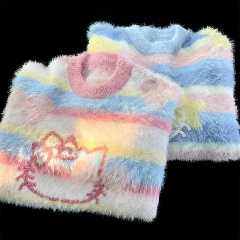 

Hello Kitty Y2K Women's Knitted Sweater Kawaii Anime Sanrio Girls Round Neck Detachable Long Sleeve Pullover Spring Autumn Wear