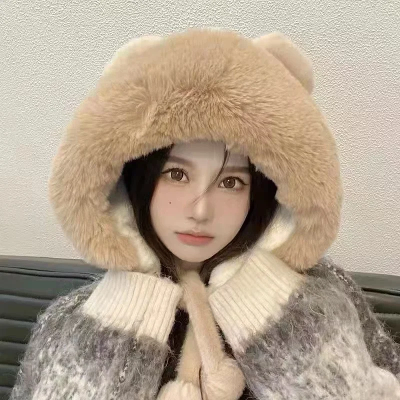 

2022 Fashion Winter Women Novelty Beanies Caps Warm Cute Bear Ear Hat Casual Plush Hat Scarf Set Casual Solid Women Caps Present