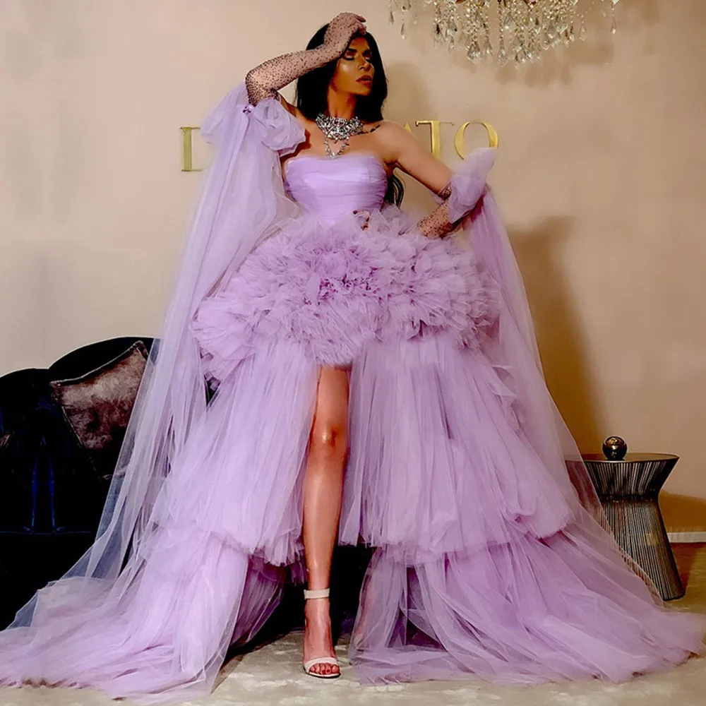 

2023 High Low Train Prom Dresses Tiered Ruffles Lavender Tulle Strapless Short Front Long Back Party Evening Gown For Graduation