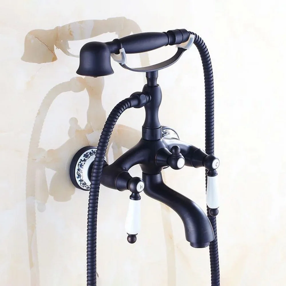 

Black Oil Rubbed Brass Wall Mount Bathroom Tub Faucet Set WITH/ 1.5M Handheld Shower Spray Head Mixer Tap Dtf531