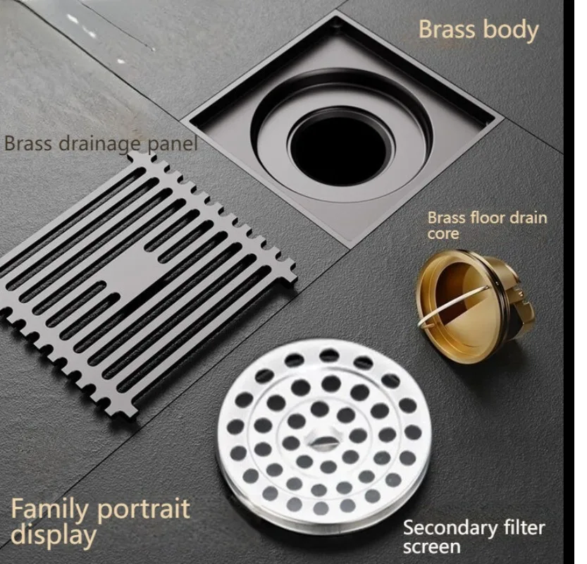 10x10cmBrass Odor Proof Square Floor Drain Bathroom Toilet Large Displacement Floor Drain Bathroom Hardware Accessories for Home