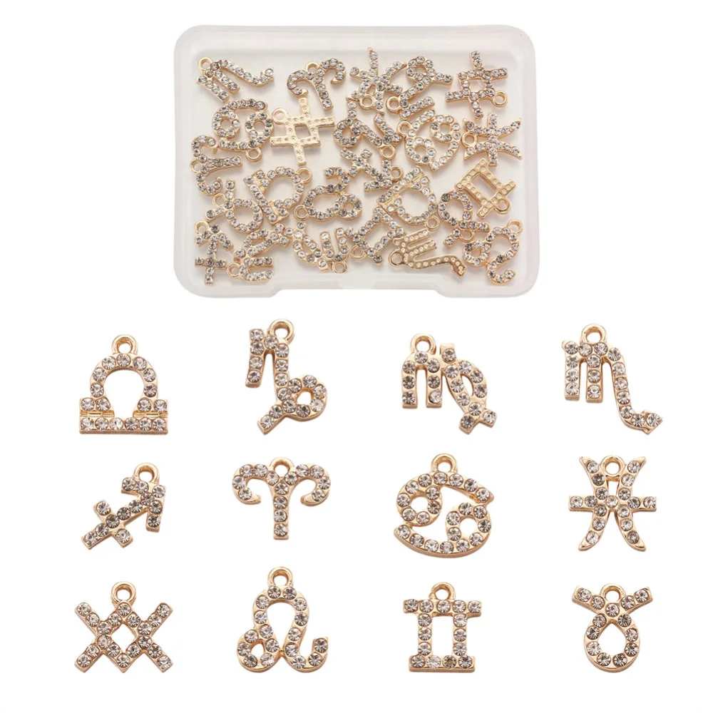 24pcs Zodiac Sign Charm Pendant 12 Constellation Theme Glass Alloy