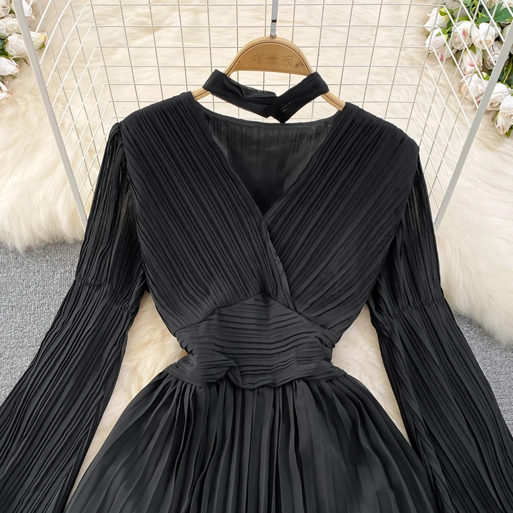 Autumn Flare Sleeve V-neck Midi Dresses for Women Solid Pleated A-line Elegant Party Dress Korean Fashion One Piece Vestidos New