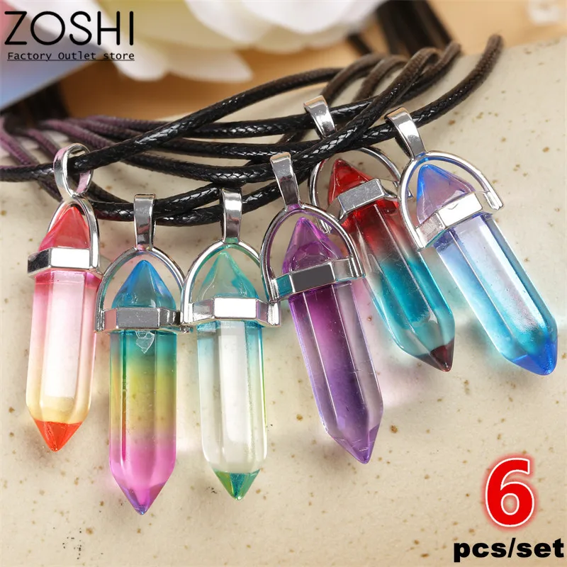 

6pcs/set Rainbow Gradient Colorful Hexagonal Column Necklace Man Necklace Stone Crystal Amethysts Animal Jewelry for Women