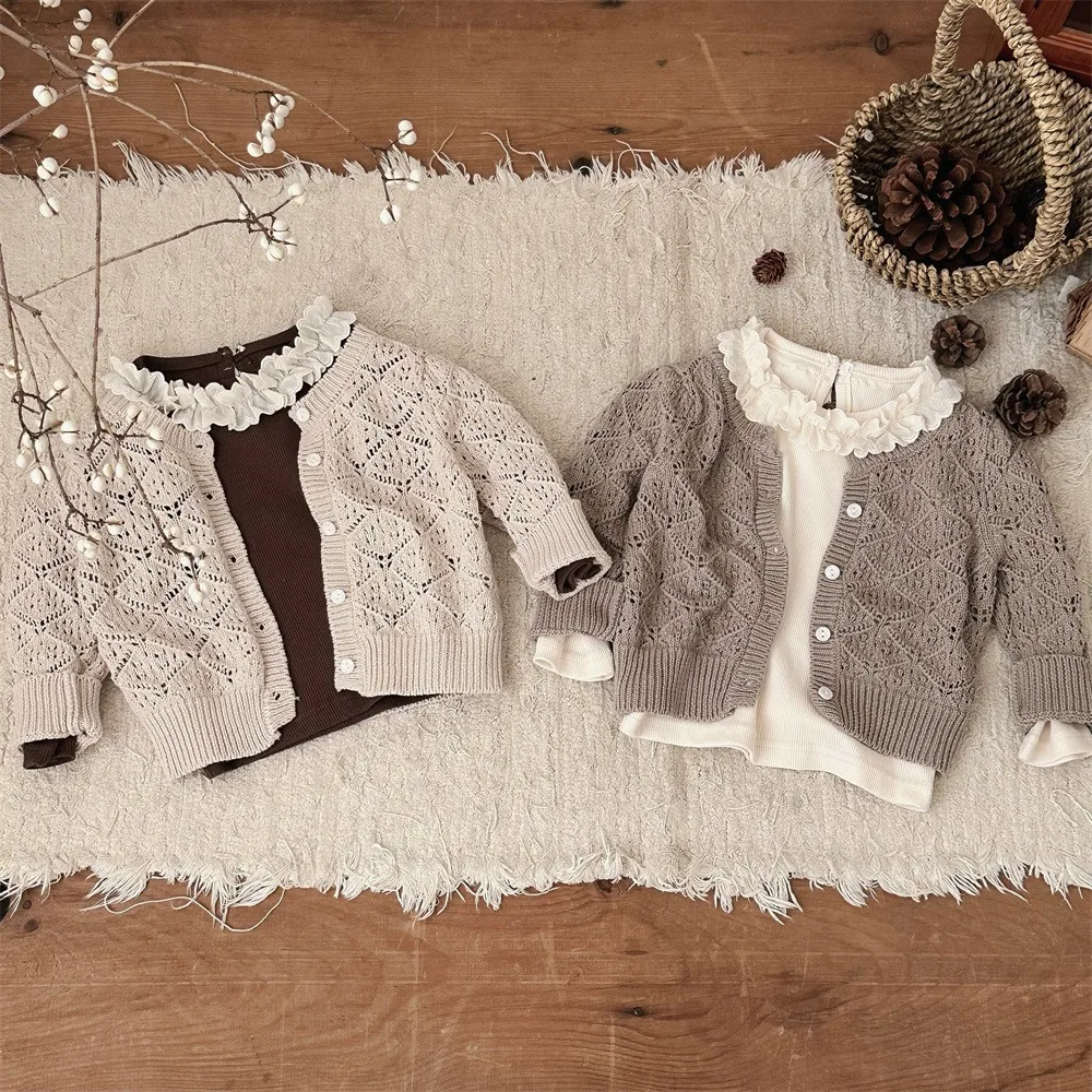 Ins Baby Sweater Coat 2025 Spring And Autumn Baby Hollow Knitted Sweater Cardigan Girl Baby Long Sleeve Coat