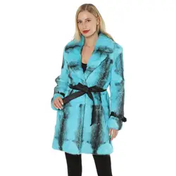 Real rabbit fur full pelt long coat woman casual Autumn winter furry winter fluffy blue fur stripe with belt