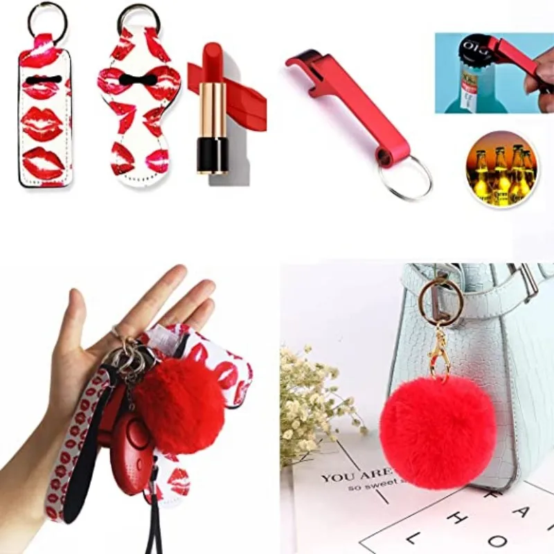 Keychain Set for Women Girls with Safety Alarm 11pieces Portable Key Chains Accessories Chapstick Hoder with Pompom Wristlet