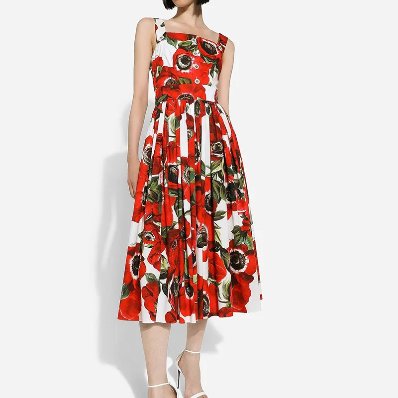 

Holiday Classic Pure Cotton Printed Suspender Dresses Women High End Off Shoulder Button Long Dress Summer New Plus Size 2024