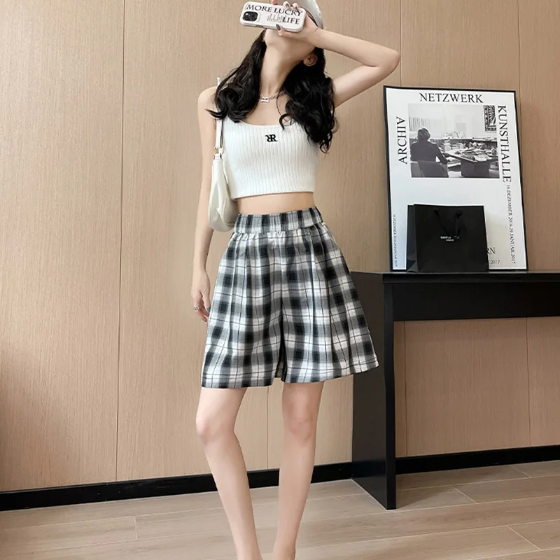 Women Plaid Shorts,Casual Elastic Waist Wide Leg Half Shorts,Loose Female Bottom Shorts for Summer,2025 Basic Style For Girls
