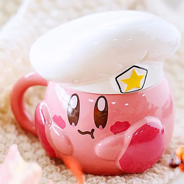 Kirby Ceramic Mug With Cover Figure Wear Hat Milk Modeling