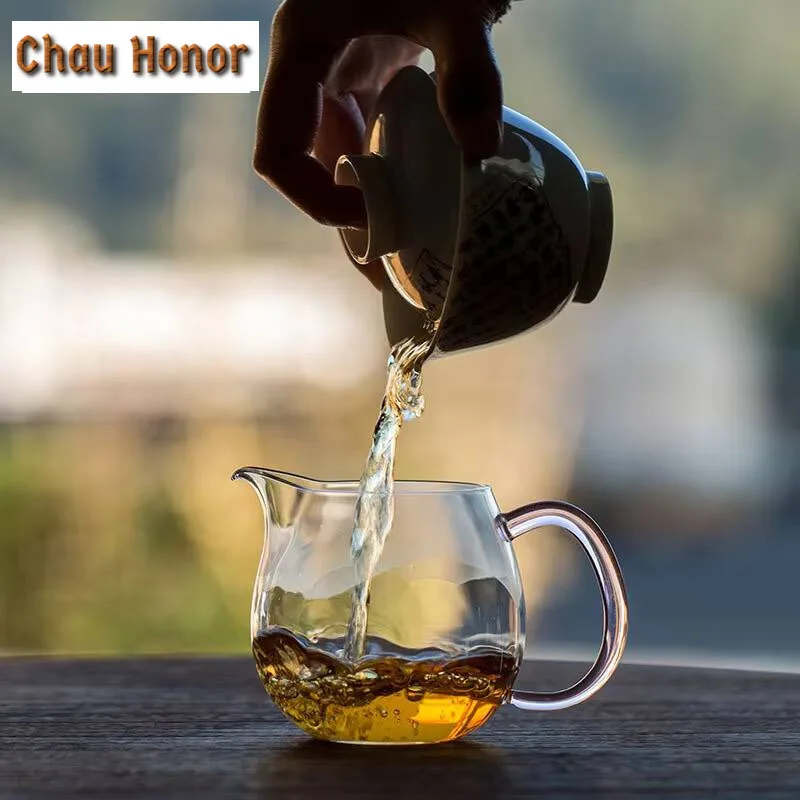 300ml High-end Thickened Tea Pitcher Chinese Heat-resistant Glass Justice Cup with Pink Handle Cha Hai Coffee Drinkware Supplies