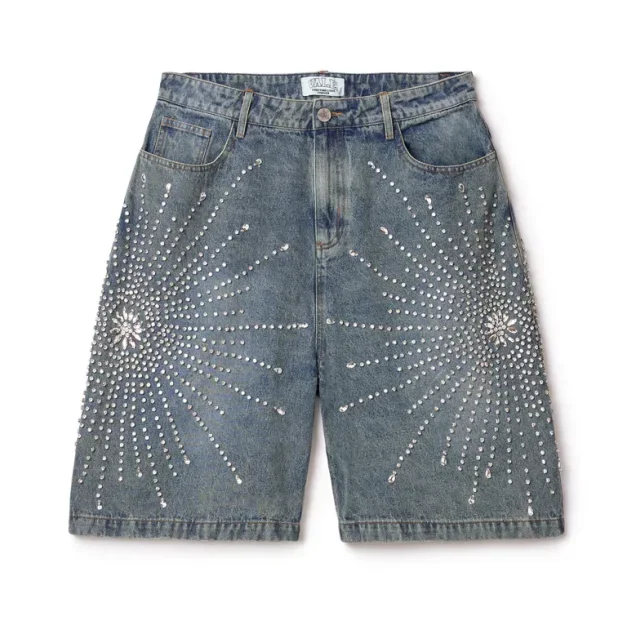 Design sense summer niche diamond washed denim shorts high street basic loose style straight thin retro faded five-quarter pants denim shorts summer jeans shorts