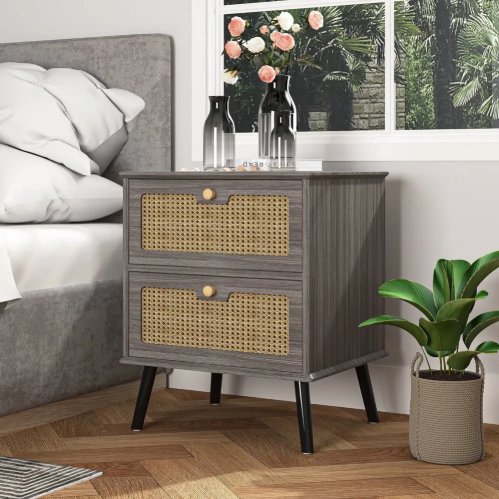 

Hommoo 2 Rattan Drawers Nightstand, Modern Wood Side Table Bedside End Table, Night Stand Storage Cabinet for Living