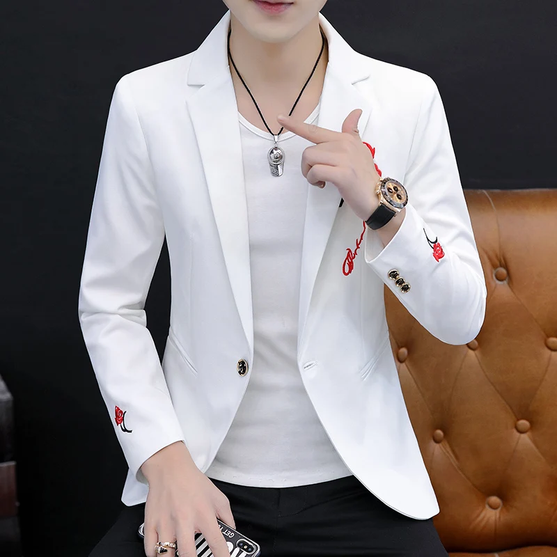 New explosive spring slim casual handsome embroidery pattern all matching style single west personality fashion men's clothing 2