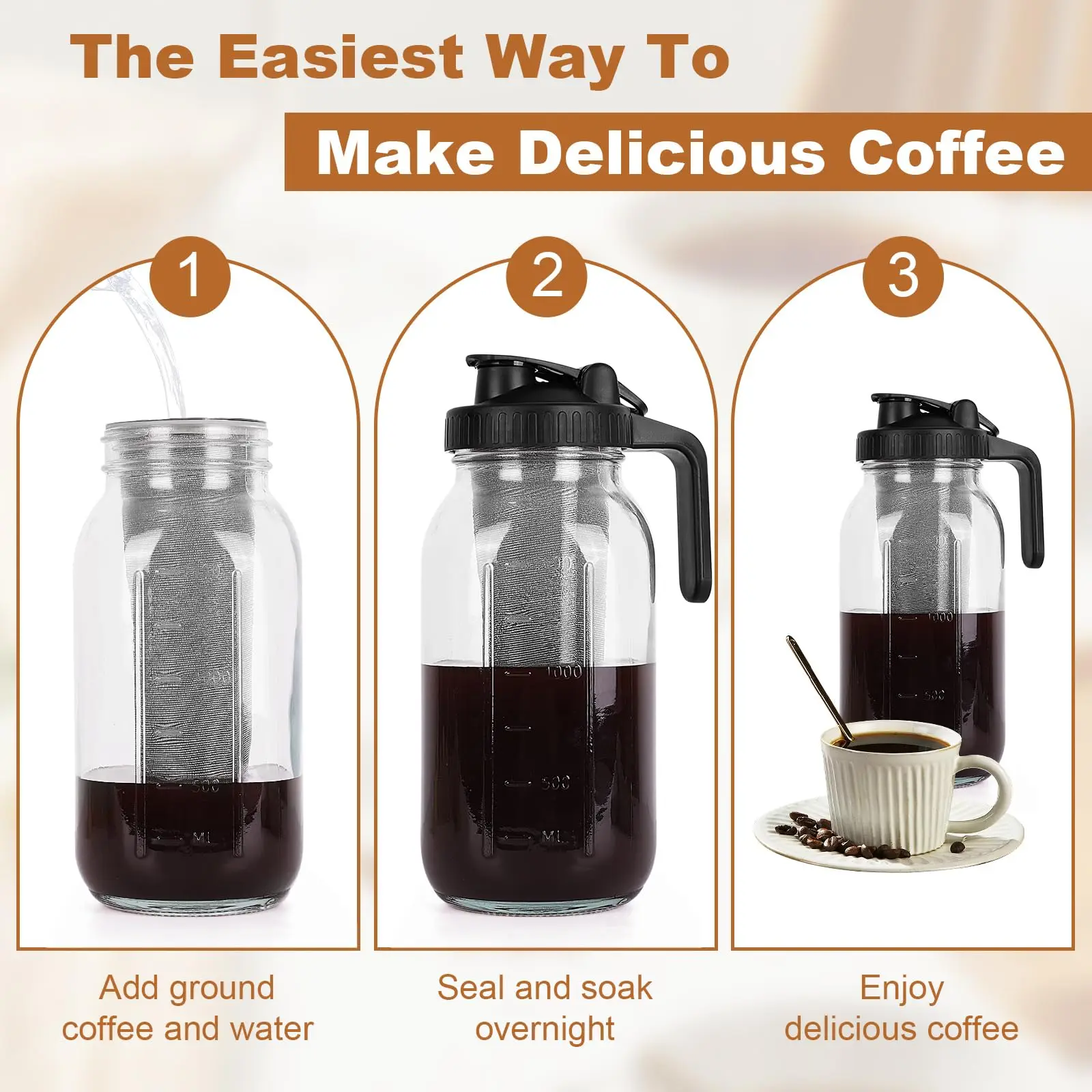 Cold Brew Coffee Maker,64 oz Mason Jar Pitcher with Stainless Steel Filter, Pour Spout Handle Lid, Heavy Duty Glass Airtight
