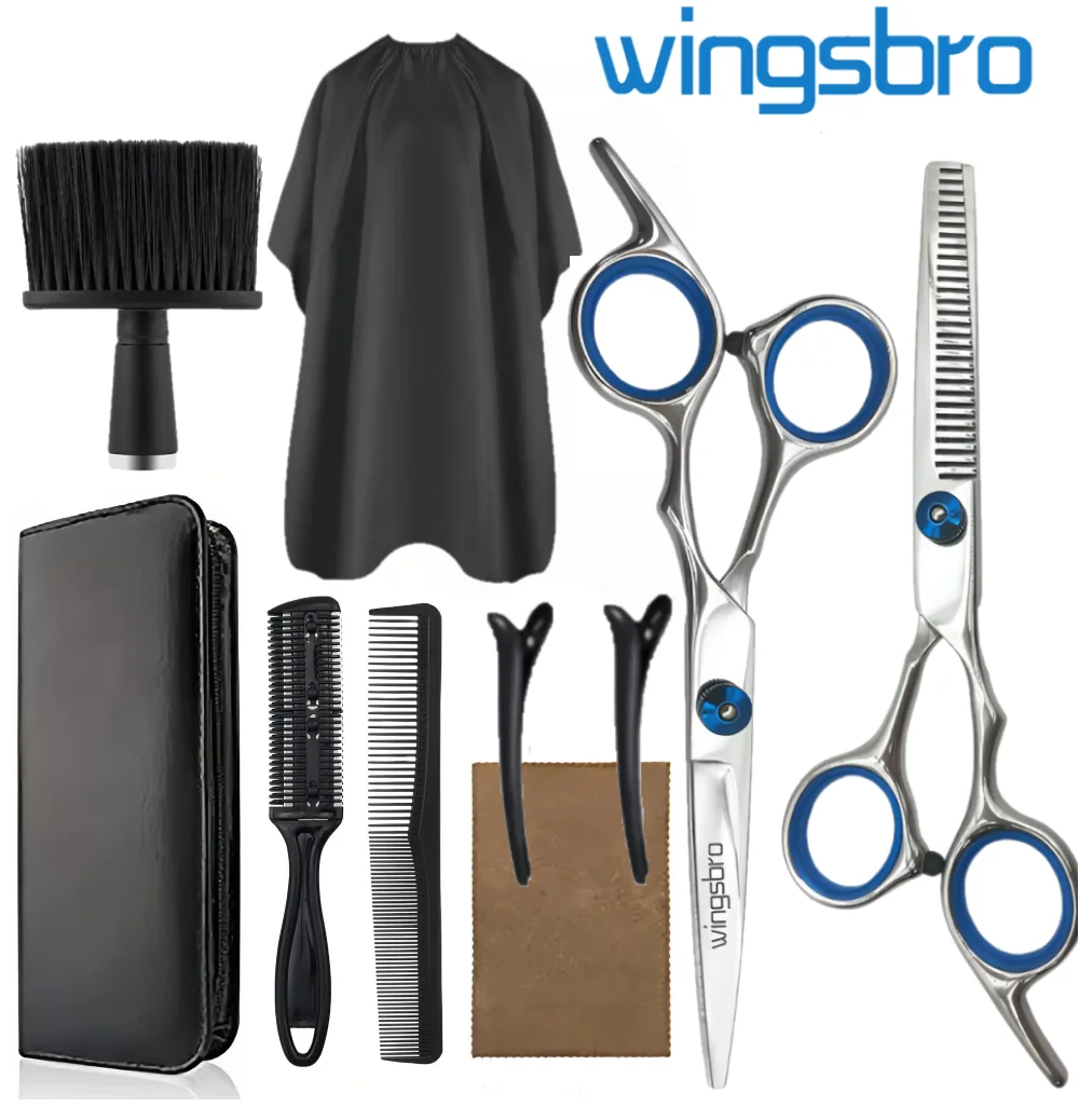 6.5" Saç Kesme Makas Seti, Düz Makaslı Profesyonel Saç Kesimi Makas Seti, İnceltme Makası, Tarak, Pelerin, Klipsler, Fırça