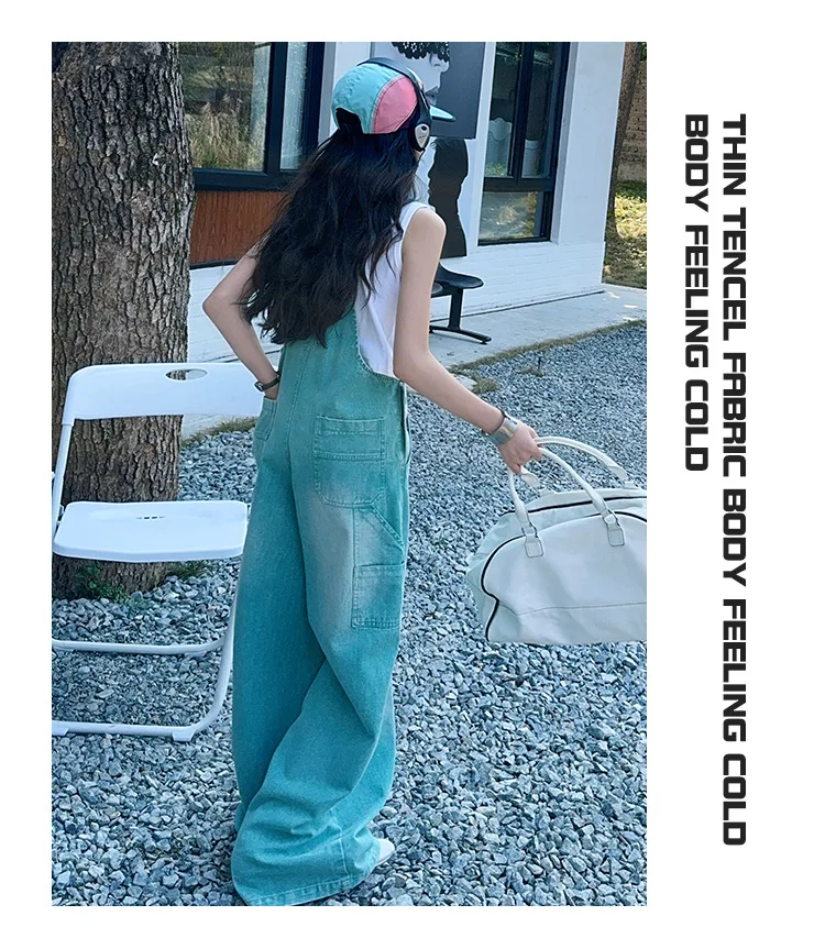 summer teen girls water washed punk wide leg jumpsuit junior kids loose slimming casual Cowboy overalls 4-14 child ropa trousers