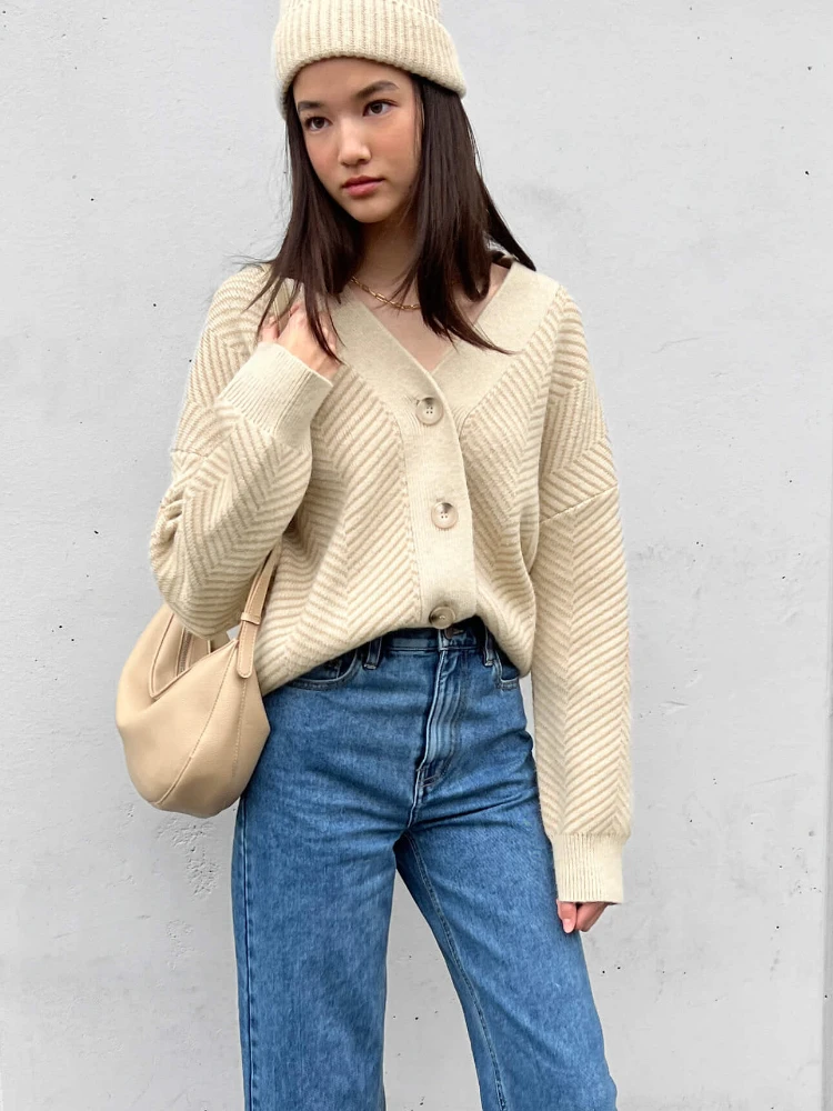 Bornladies Women's Sweater Autumn Winter New V-Neck Striped Loose-fitting Cardigan Knitted Tops Single Breasted Elegant Sweaters