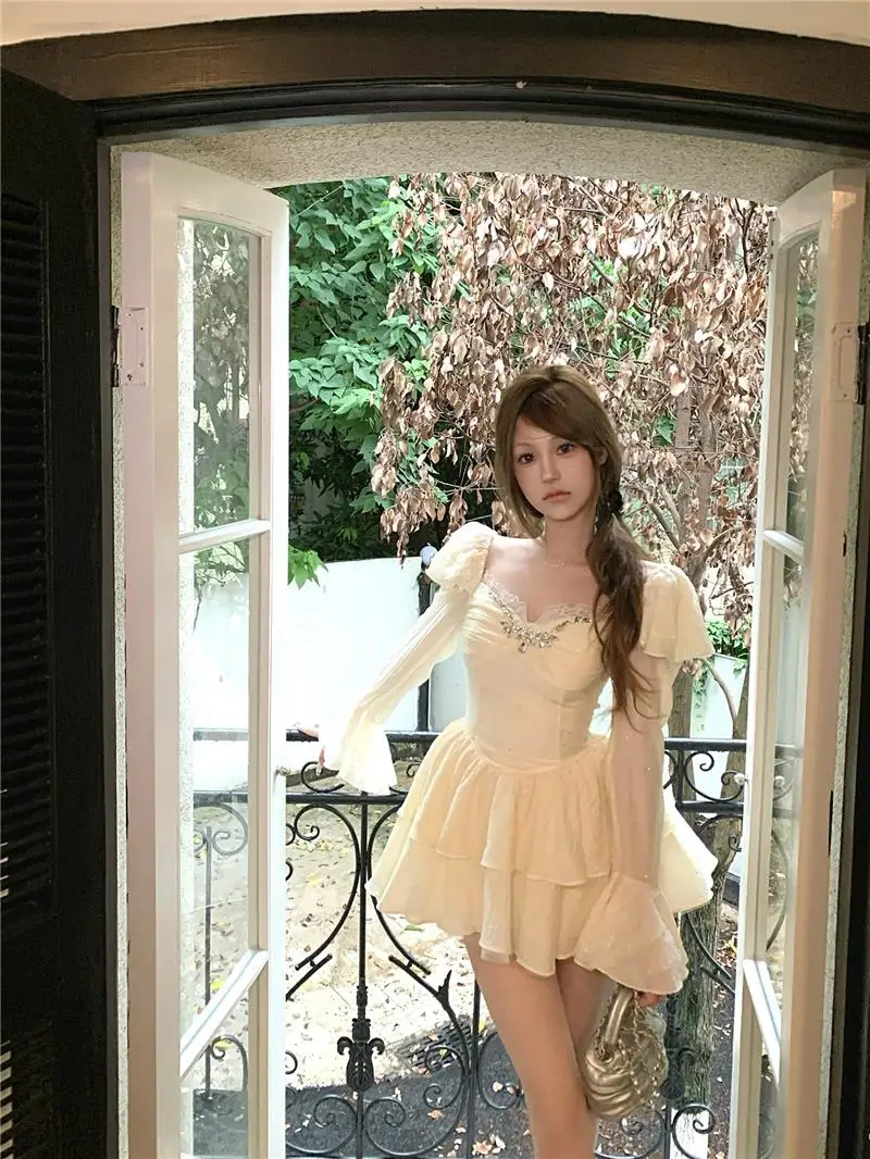 Y2K Black Short Dresses for Women Diamonds Square Collar Flare Sleeve High Waist A-line Birtheday Party Dress Prom Mini Vestidos