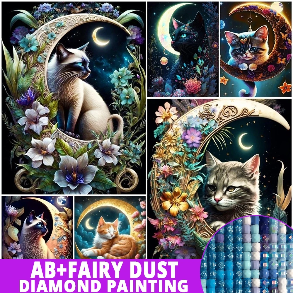 AB Diamond Painting Fairy Dust DIY Hobby Cat Moon Rhinestone Pictures Mosaic Animal Cross Stitch Embroidery Flower Kids Decor