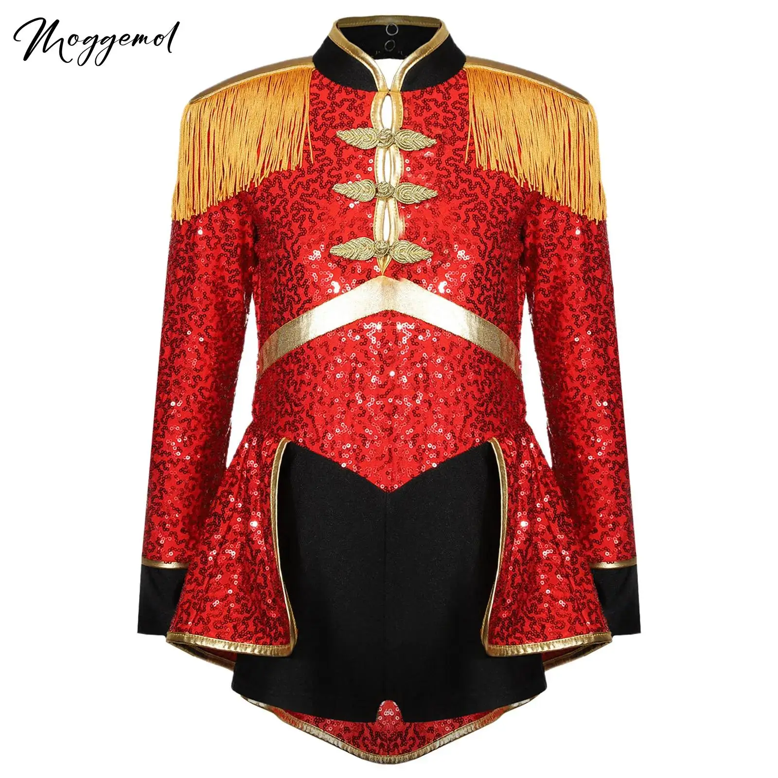 Kids Girls Shiny Sequins Circus Ringmaster Magician Drummer Costume Lion Tamer Long Sleeve Fringe Epaulet Bodysuit Halloween