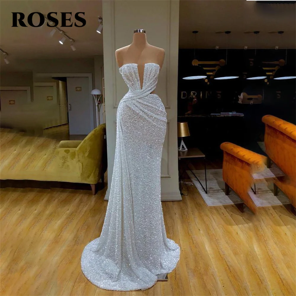 

ROSES White Shining Chic Woman Evening Dresses Gowns Mermaid Ball Gowns V Neck Sleeveless Night Dresses Gowns robes de soirée