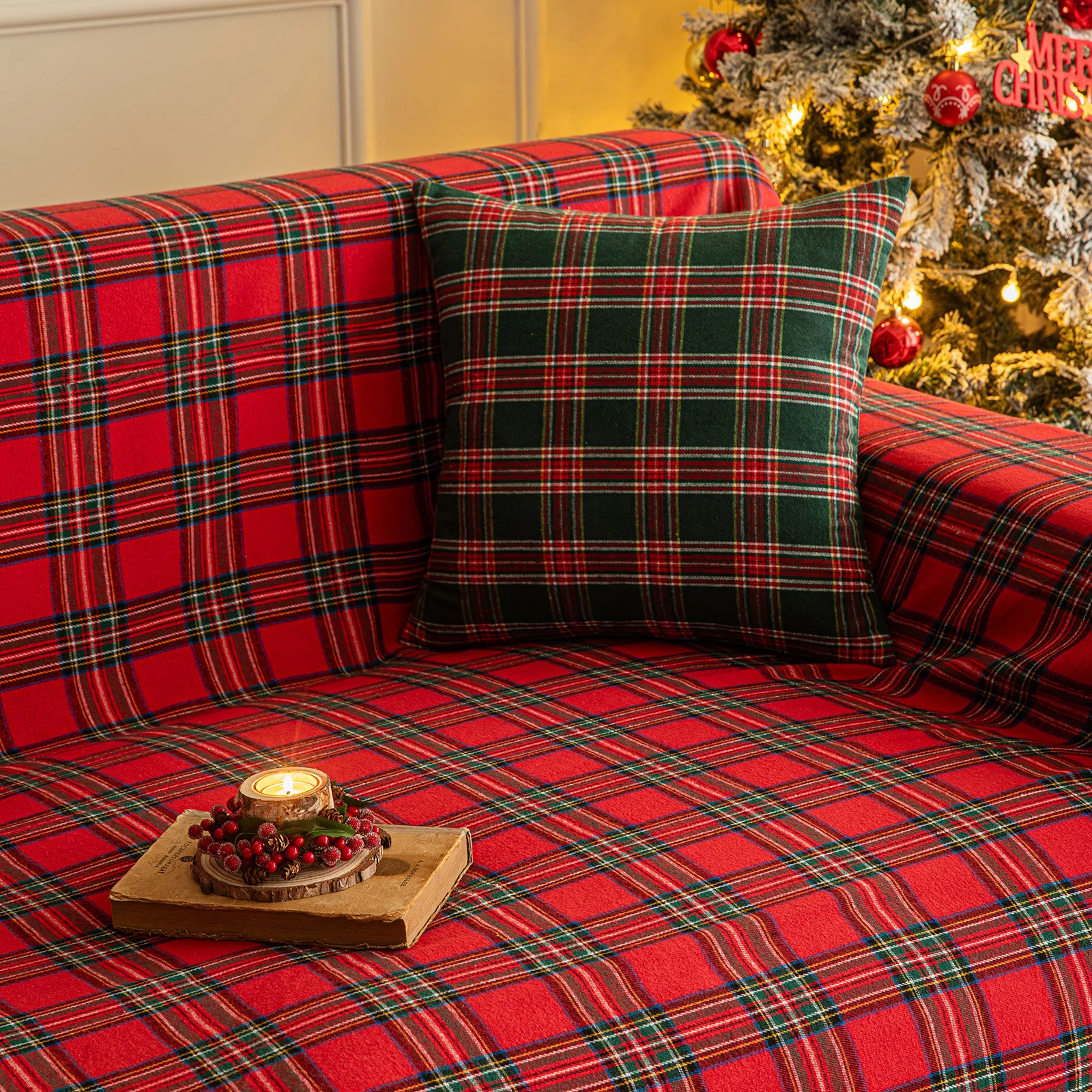 Christmas Plaid Couch Cover with Tassel Washable Sofa Covers Couch Furniture Protector Seat Slipcover Sofa Towel for Living Room 6