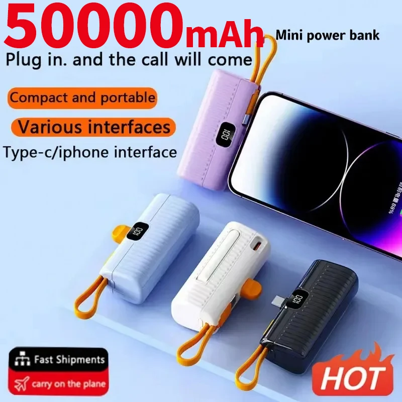 Power Bank 50000mAh Mini Power Bank Built-in Cable Digital display External Battery for iPhone Samsung
