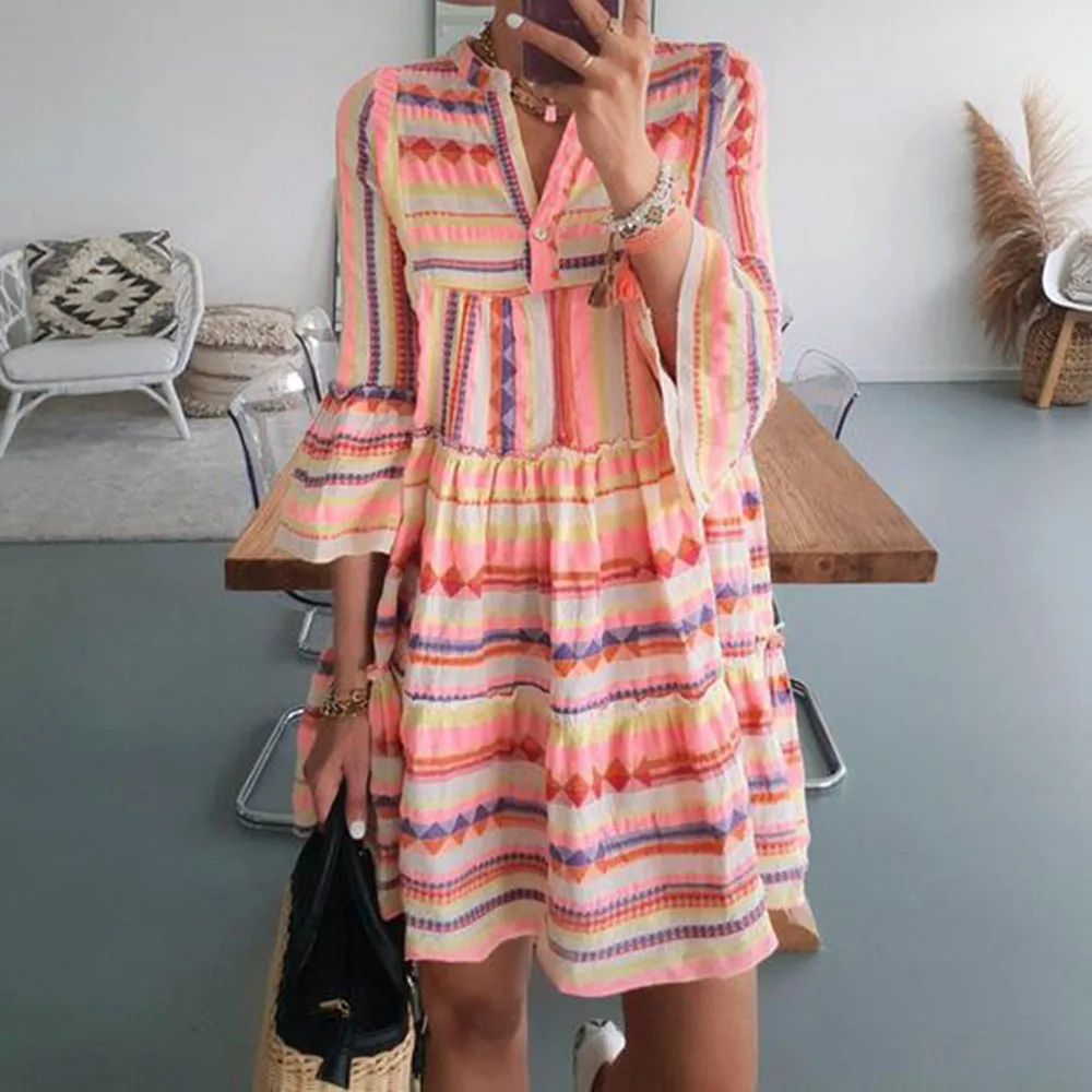 Boho Chic Contrast Striped O-Neck Knee-Length Dress