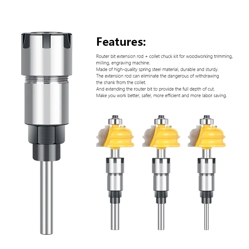 XCAN Collet Chuck Extension Rod for Wood Router Bit 1/4 1/2 8mm Shank with ER16 20 Spring Collet Chuck Milling Cutter Tool Holder spring collet tool holder collet chuck lathe tool holder spring collet chuck collet chuck holder lathe tool