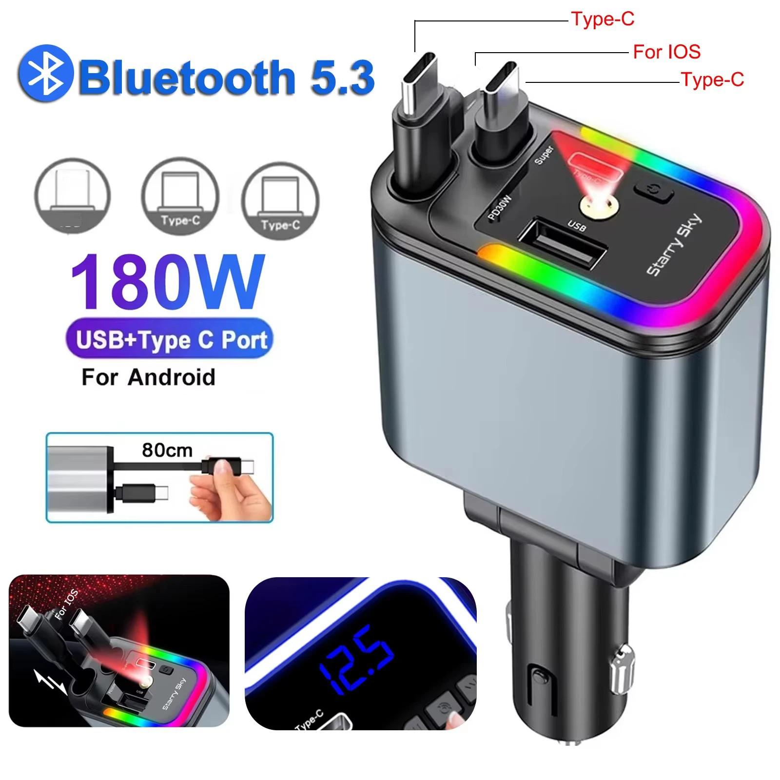180W 블루투스 5.3 차량용 핸드폰 충전기 PD QC 3.0 초고속 차량용 FM..